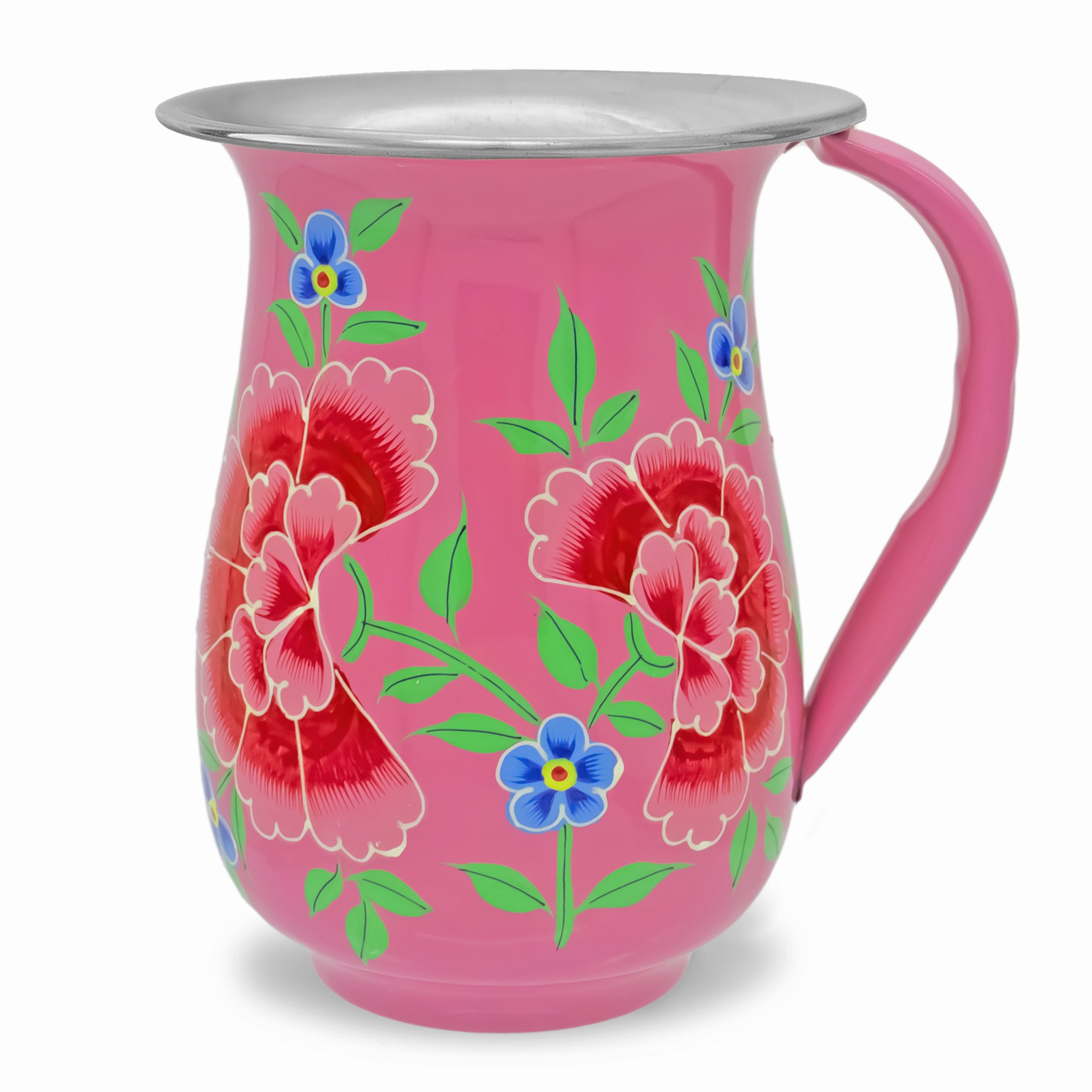 Çiçekli Pembe Emaye Sürahi