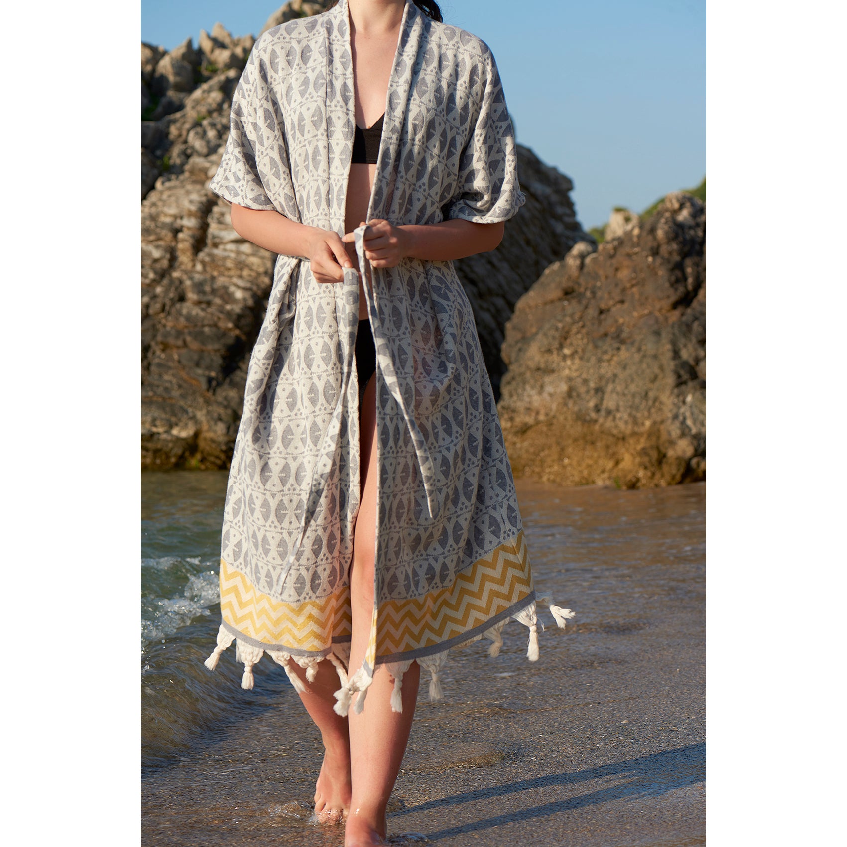 Gri & Sarı 'Adinkra' Kimono